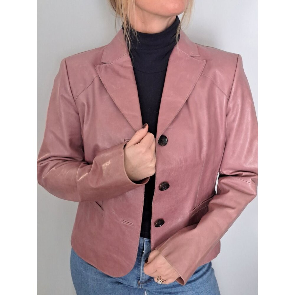 Ann Taylor Leather Blazer Jacket Womens Mauve Size 6 Button Front Fitted Preppy